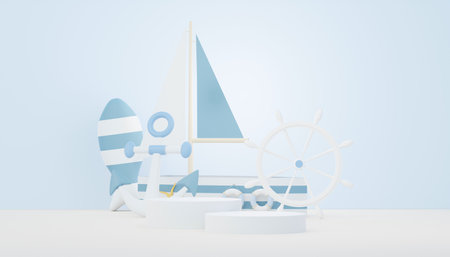 3d render Summer sale podium stand for showing product. Beach Vacations Scene in Summer for mock up.の写真素材