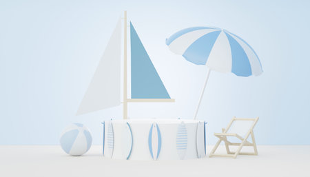3d render Summer sale podium stand for showing product. Beach Vacations Scene in Summer for mock up.の写真素材