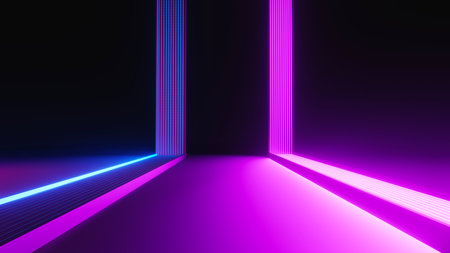 3d render of flash neon and light glowing on dark scene. Speed light moving lines.の写真素材