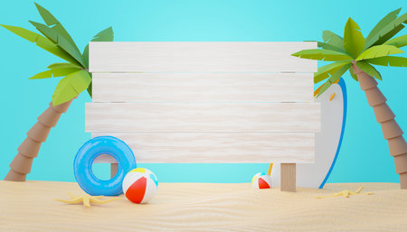 3d render Summer sale podium stand for showing product. Beach Vacations Scene in Summer for mock up.の写真素材