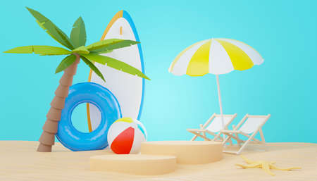 3d render Summer sale podium stand for showing product. Beach Vacations Scene in Summer for mock up.の写真素材