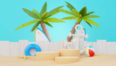 3d render Summer sale podium stand for showing product. Beach Vacations Scene in Summer for mock up.の写真素材