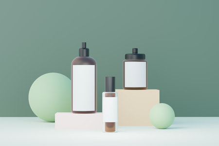3d render of blank cosmetics skincare product or packaging for mock up. Beauty soap and spa concept. Lotion oil moisture for skin health. Premium and luxury design for branding.の写真素材