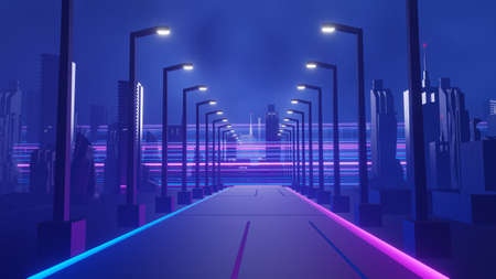 3d render of Cyber night city landscape concept. Light glowing on dark scene. Night life. Technology network for 5g. Beyond generation and futuristic of Sci-Fi Capital city and building scene.の写真素材