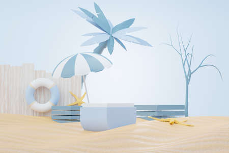 3d render Summer sale podium stand for showing product. Beach Vacations Scene in Summer for mock up.の写真素材