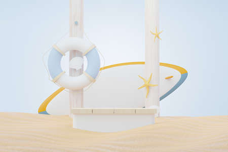 3d render Summer sale podium stand for showing product. Beach Vacations Scene in Summer for mock up.の写真素材