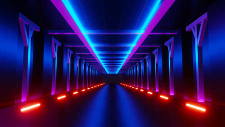 3d render of flash neon and light glowing on dark scene. Speed light moving lines.の写真素材