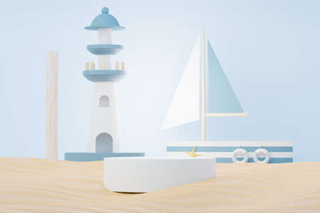 3d render Summer sale podium stand for showing product. Beach Vacations Scene in Summer for mock up.の写真素材