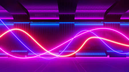 3d render of flash neon and light glowing on dark scene. Speed light moving lines.の写真素材