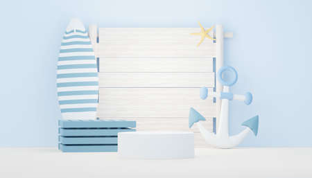 3d render Summer sale podium stand for showing product. Beach Vacations Scene in Summer for mock up.の写真素材