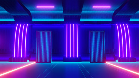 3d render of flash neon and light glowing on dark scene. Speed light moving lines.の写真素材