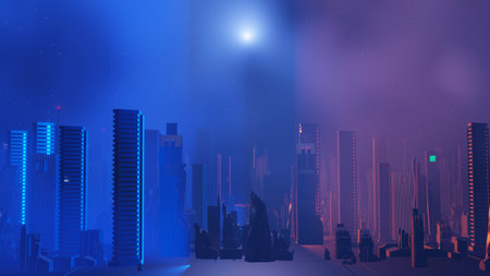 3d render of Cyber night city landscape concept. Light glowing on dark scene. Night life. Technology network for 5g. Beyond generation and futuristic of Sci-Fi Capital city and building scene.の写真素材