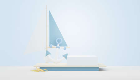 3d render Summer sale podium stand for showing product. Beach Vacations Scene in Summer for mock up.の写真素材