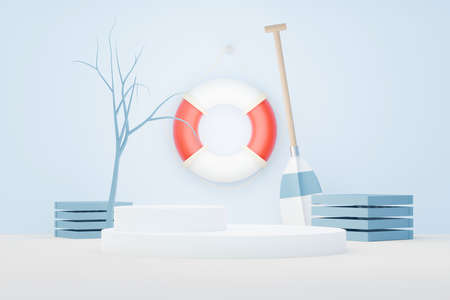 3d render Summer sale podium stand for showing product. Beach Vacations Scene in Summer for mock up.の写真素材