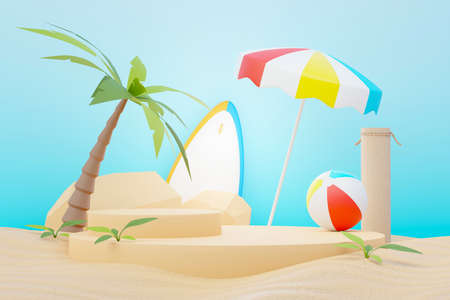 3d render Summer sale podium stand for showing product. Beach Vacations Scene in Summer for mock up.の写真素材