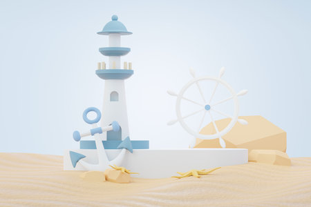3d render Summer sale podium stand for showing product. Beach Vacations Scene in Summer for mock up.の写真素材