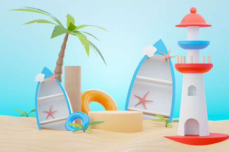 3d render Summer sale podium stand for showing product. Beach Vacations Scene in Summer for mock up.の写真素材