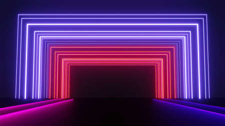 3d render of flash neon and light glowing on dark scene. Speed light moving lines.の写真素材
