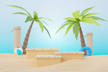 3d render Summer sale podium stand for showing product. Beach Vacations Scene in Summer for mock up.の写真素材