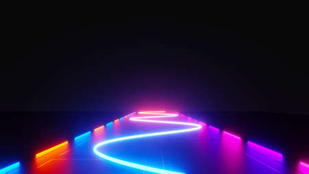3d render of flash neon and light glowing on dark scene. Speed light moving lines.の写真素材
