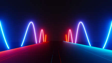 3d render of flash neon and light glowing on dark scene. Speed light moving lines.の写真素材