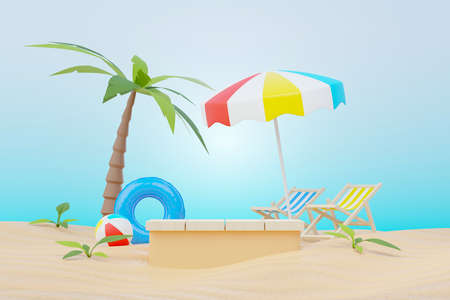 3d render Summer sale podium stand for showing product. Beach Vacations Scene in Summer for mock up.の写真素材