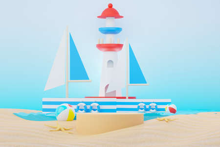 3d render Summer sale podium stand for showing product. Beach Vacations Scene in Summer for mock up.の写真素材