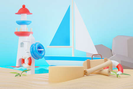 3d render Summer sale podium stand for showing product. Beach Vacations Scene in Summer for mock up.の写真素材