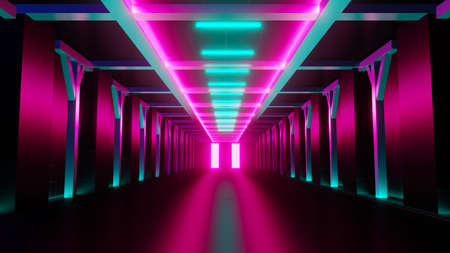 3d render of flash neon and light glowing on dark scene. Speed light moving lines.の写真素材