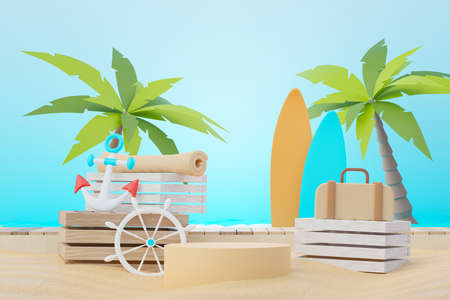 3d render Summer sale podium stand for showing product. Beach Vacations Scene in Summer for mock up.の写真素材
