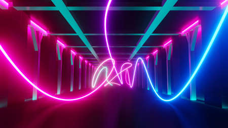 3d render of flash neon and light glowing on dark scene. Speed light moving lines.の写真素材