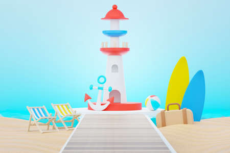 3d render Summer sale podium stand for showing product. Beach Vacations Scene in Summer for mock up.の写真素材