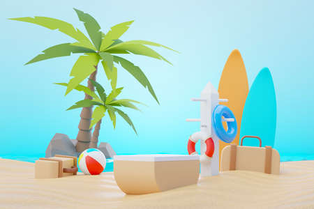 3d render Summer sale podium stand for showing product. Beach Vacations Scene in Summer for mock up.の写真素材