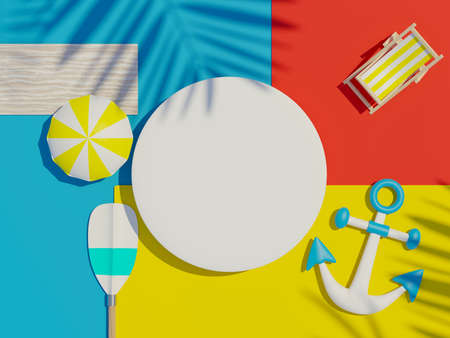 3d render top view of white blank cylinder frame for mock up and display products with shadows of palm leaves with summer background. Creative idea concept.の写真素材