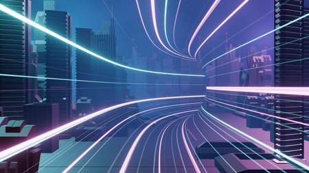 3d render of Cyber night city landscape concept. Light glowing on dark scene. Night life. Technology network for 5g. Beyond generation and futuristic of Sci-Fi Capital city and building scene.の写真素材