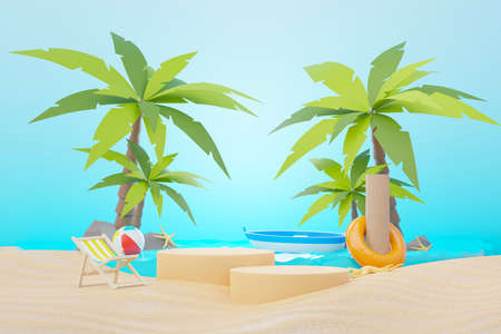 3d render Summer sale podium stand for showing product. Beach Vacations Scene in Summer for mock up.の写真素材