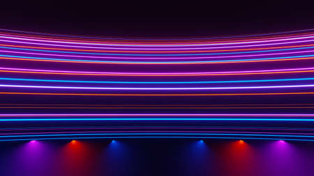 3d render of flash neon and light glowing on dark scene. Speed light moving lines.の写真素材
