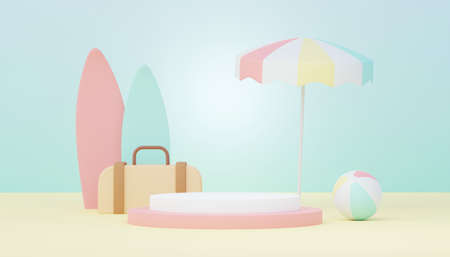 3d render Summer sale podium stand for showing product. Beach Vacations Scene in Summer for mock up.の写真素材