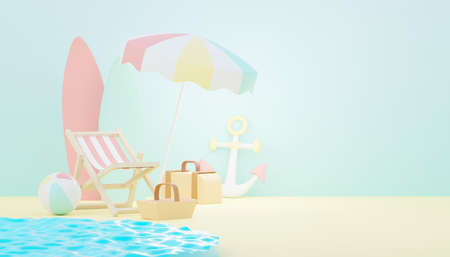 3d render Summer sale podium stand for showing product. Beach Vacations Scene in Summer for mock up.