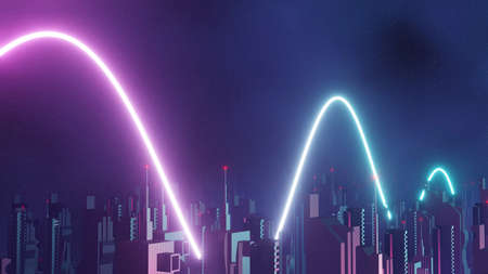 3d render of Cyber night city landscape concept. Light glowing on dark scene. Night life. Technology network for 5g. Beyond generation and futuristic of Sci-Fi Capital city and building scene.の写真素材