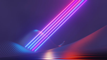 3d render of flash neon and light glowing on dark scene. Speed light moving lines.の写真素材