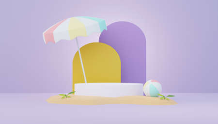 3d render Summer sale podium stand for showing product. Beach Vacations Scene in Summer for mock up.の写真素材