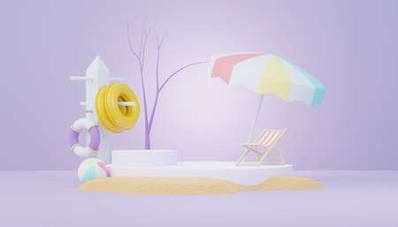 3d render Summer sale podium stand for showing product. Beach Vacations Scene in Summer for mock up.の写真素材
