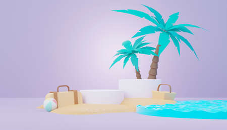 3d render Summer sale podium stand for showing product. Beach Vacations Scene in Summer for mock up.の写真素材