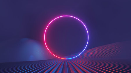 3d render of flash neon and light glowing on dark scene. Speed light moving lines.の写真素材