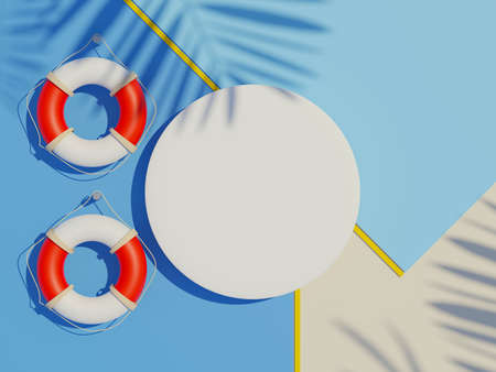 3d render top view of white blank cylinder frame for mock up and display products with shadows of palm leaves with summer background. Creative idea concept.の写真素材
