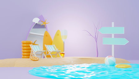 3d render Summer sale podium stand for showing product. Beach Vacations Scene in Summer for mock up.の写真素材