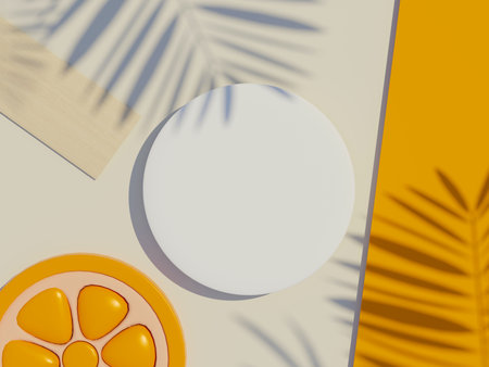 3d render top view of white blank cylinder frame for mock up and display products with shadows of palm leaves with summer background. Creative idea concept.の写真素材