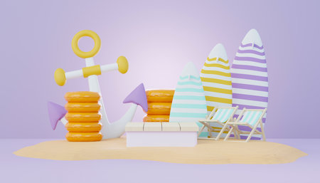 3d render Summer sale podium stand for showing product. Beach Vacations Scene in Summer for mock up.の写真素材