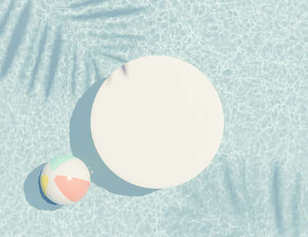 3d render top view of white blank cylinder frame for mock up and display products with water Caustics below swimming pool or shiny rays. Ripple Caustics. Summer background. Creative idea concept.の写真素材